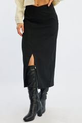 Black Crossover Midaxi Skirt Mid Waisted Pocket Detail
