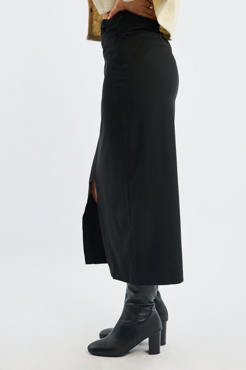 Black Crossover Midaxi Skirt Mid Waisted Pocket Detail