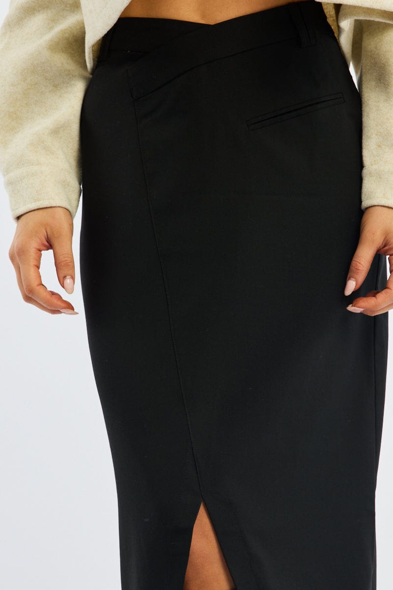 Black Crossover Midaxi Skirt Mid Waisted Pocket Detail
