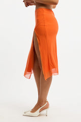 Orange Asymm Midi Skirt Mesh