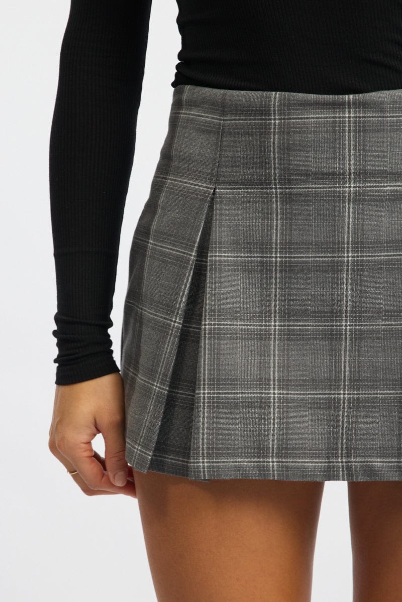Grey Check Mini Skort Skirt High Waisted Lined