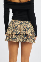 Brown Animal Print Mini Skort Mid Rise Ruffle Layered Lined Supersoft