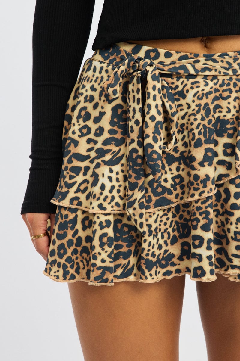 Brown Animal Print Mini Skort Mid Rise Ruffle Layered Lined Supersoft