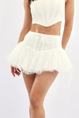 White Mini Skirt High Waisted Shirred Back Lace Up Tutu