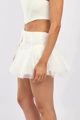 White Mini Skirt High Waisted Shirred Back Lace Up Tutu