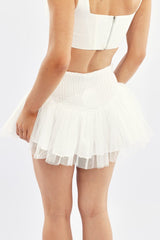 White Mini Skirt High Waisted Shirred Back Lace Up Tutu