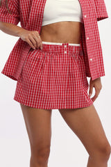 Red Check Boxer Mini Skirt Mid Rise Relaxed Fit