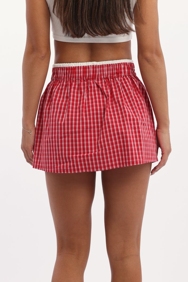 Red Check Boxer Mini Skirt Mid Rise Relaxed Fit