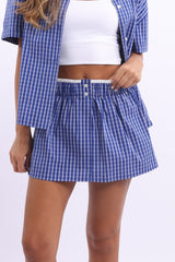 Blue Check Boxer Mini Skirt Mid Rise Relaxed Fit