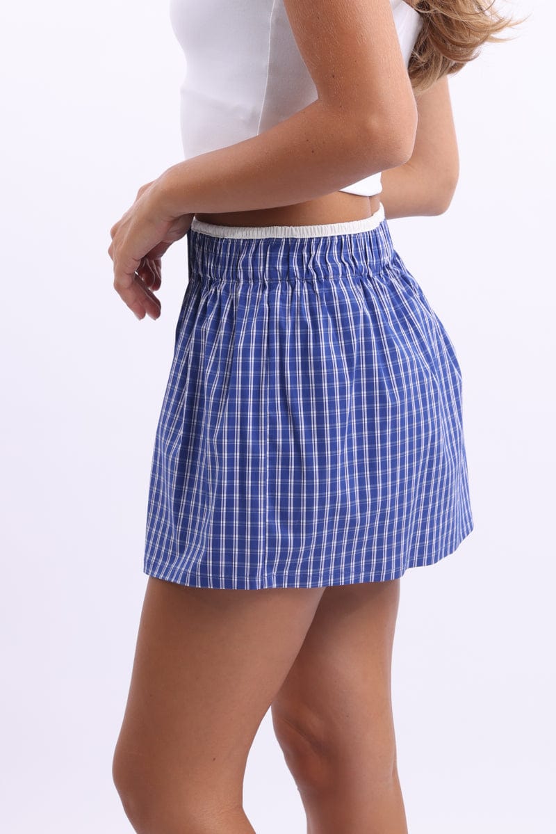 Blue Check Boxer Mini Skirt Mid Rise Relaxed Fit