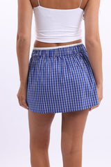 Blue Check Boxer Mini Skirt Mid Rise Relaxed Fit