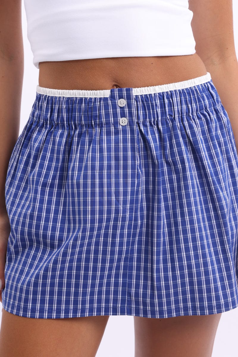 Blue Check Boxer Mini Skirt Mid Rise Relaxed Fit
