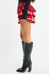 Red Check Mini Skirt Skort Ruffled Layered Shorts Lining