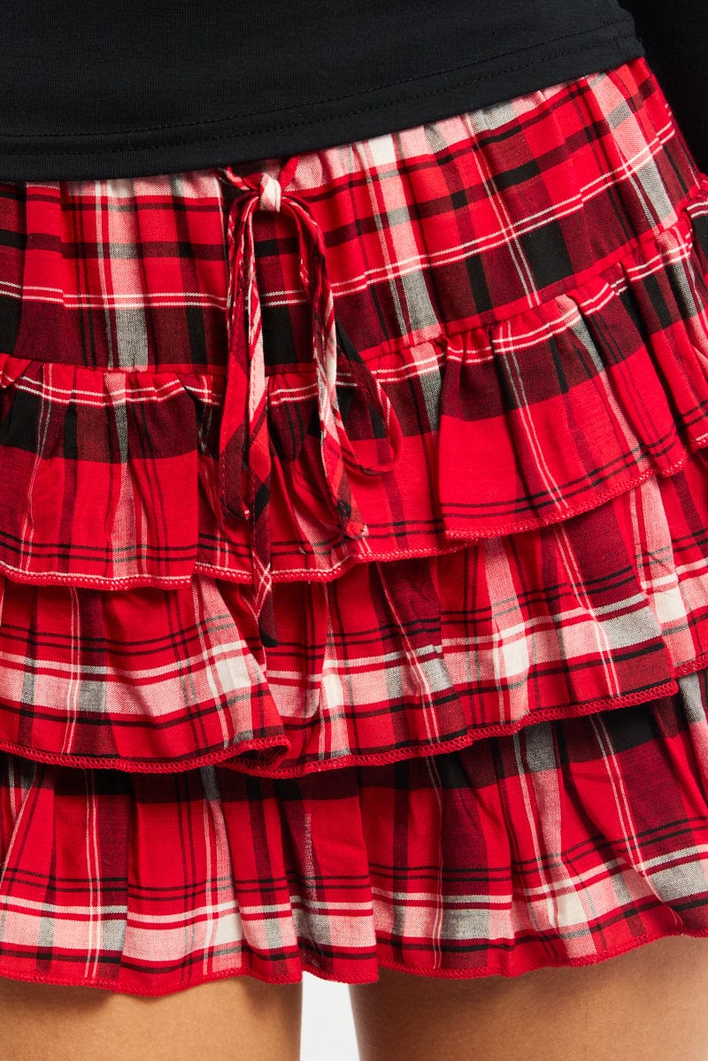 Red Check Mini Skirt Skort Ruffled Layered Shorts Lining