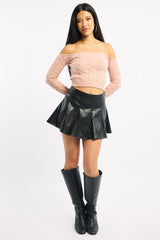 Black Pu Flare Skort Skirt High Waisted Panelled