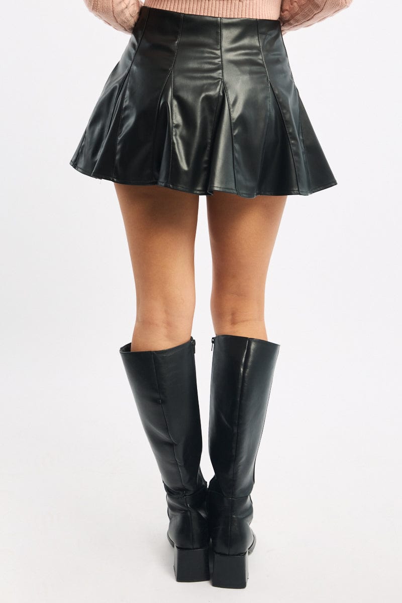 Black Pu Flare Skort Skirt High Waisted Panelled