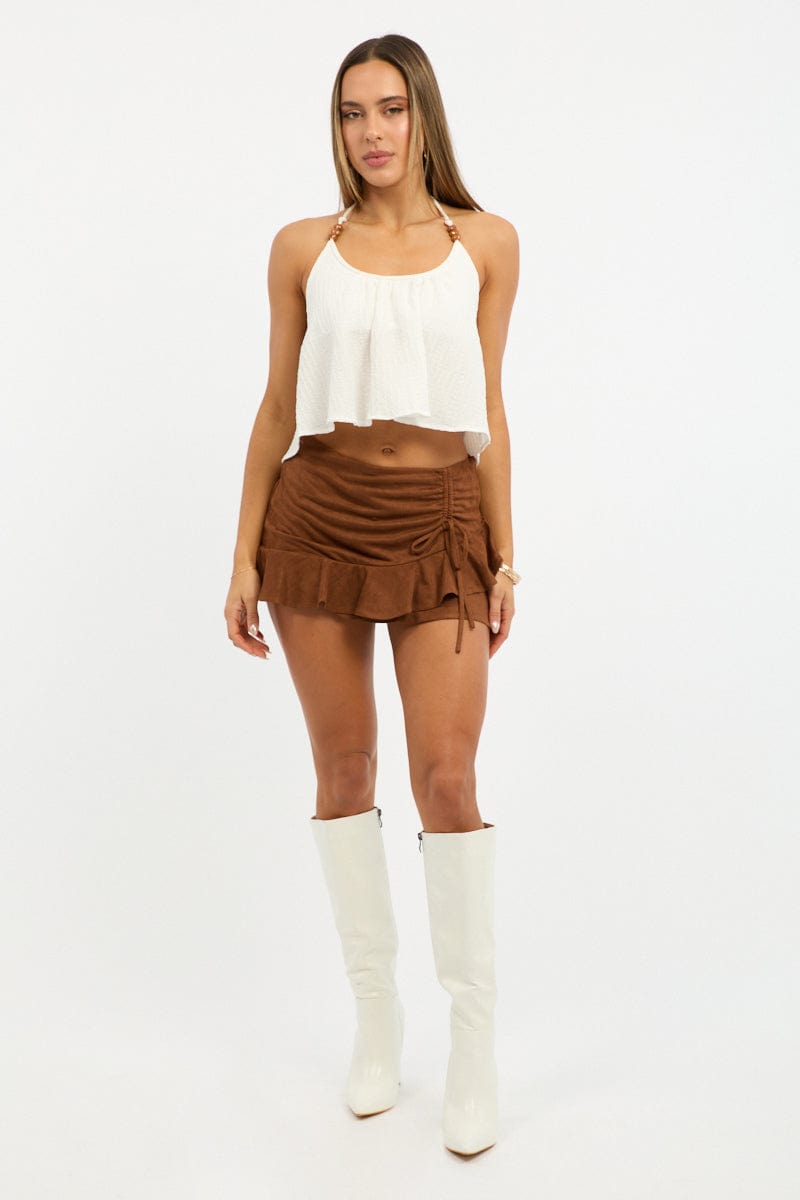 Brown Mini Skirt Mid Waisted Ruched Ruffle Faux Suede