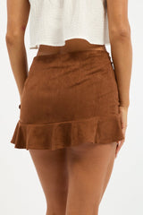 Brown Mini Skirt Mid Waisted Ruched Ruffle Faux Suede