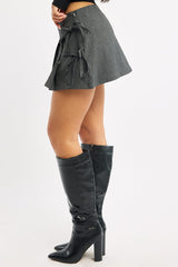 Grey Pleated Skort Skirt High Waisted Mini Bow Detail