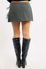 Grey Pleated Skort Skirt High Waisted Mini Bow Detail