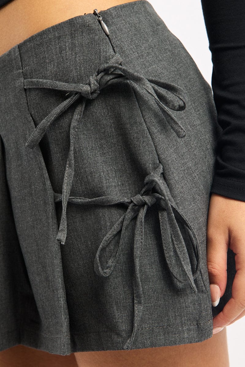 Grey Pleated Skort Skirt High Waisted Mini Bow Detail