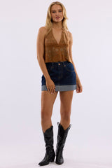 Denim Mini Skirt Mid Rise Rolled Up Hem