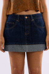 Denim Mini Skirt Mid Rise Rolled Up Hem