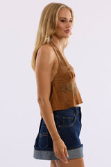 Denim Mini Skirt Mid Rise Rolled Up Hem