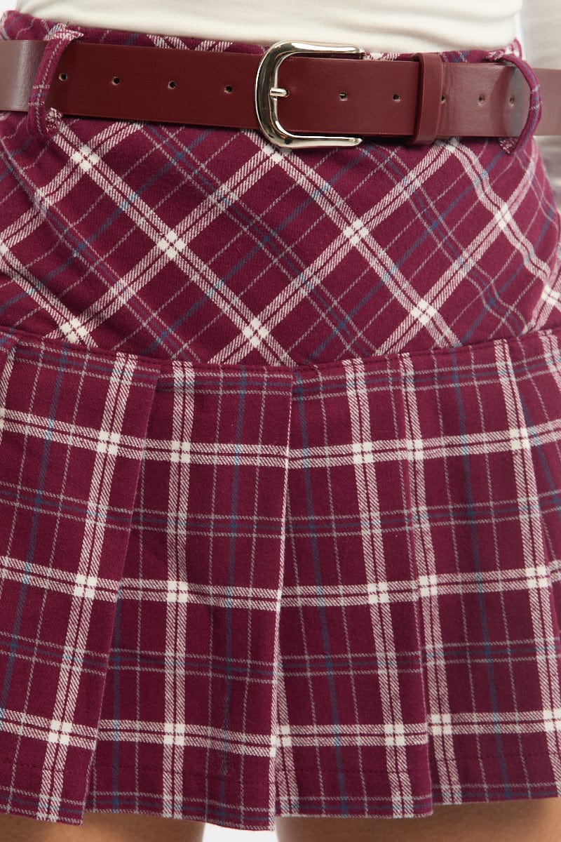 Multi Check Pleated Skort Skirt High Waisted Mini Belted