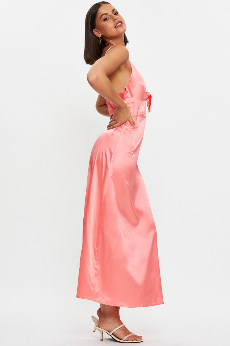 Brown Tie Front Satin Midi Dress
