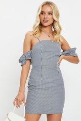 Check Gingham Off Shoulder Mini Dress