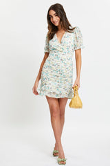 Print Puff Sleeve Ruched Dress