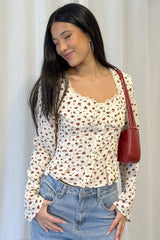 Beige Ditsy Button Up Top Long Sleeve Sweetheart Neckline