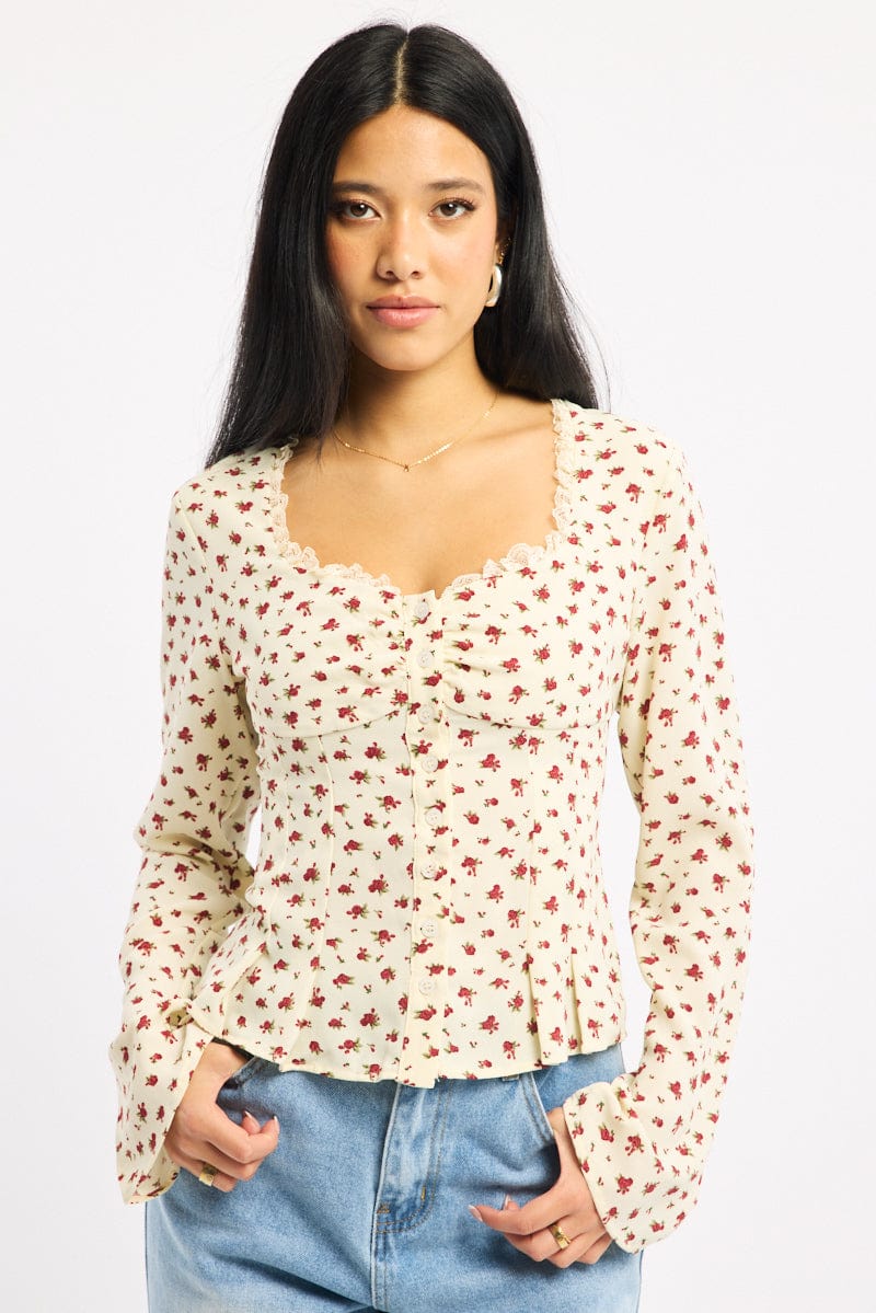 Beige Ditsy Button Up Top Long Sleeve Sweetheart Neckline