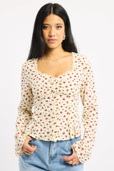 Beige Ditsy Button Up Top Long Sleeve Sweetheart Neckline