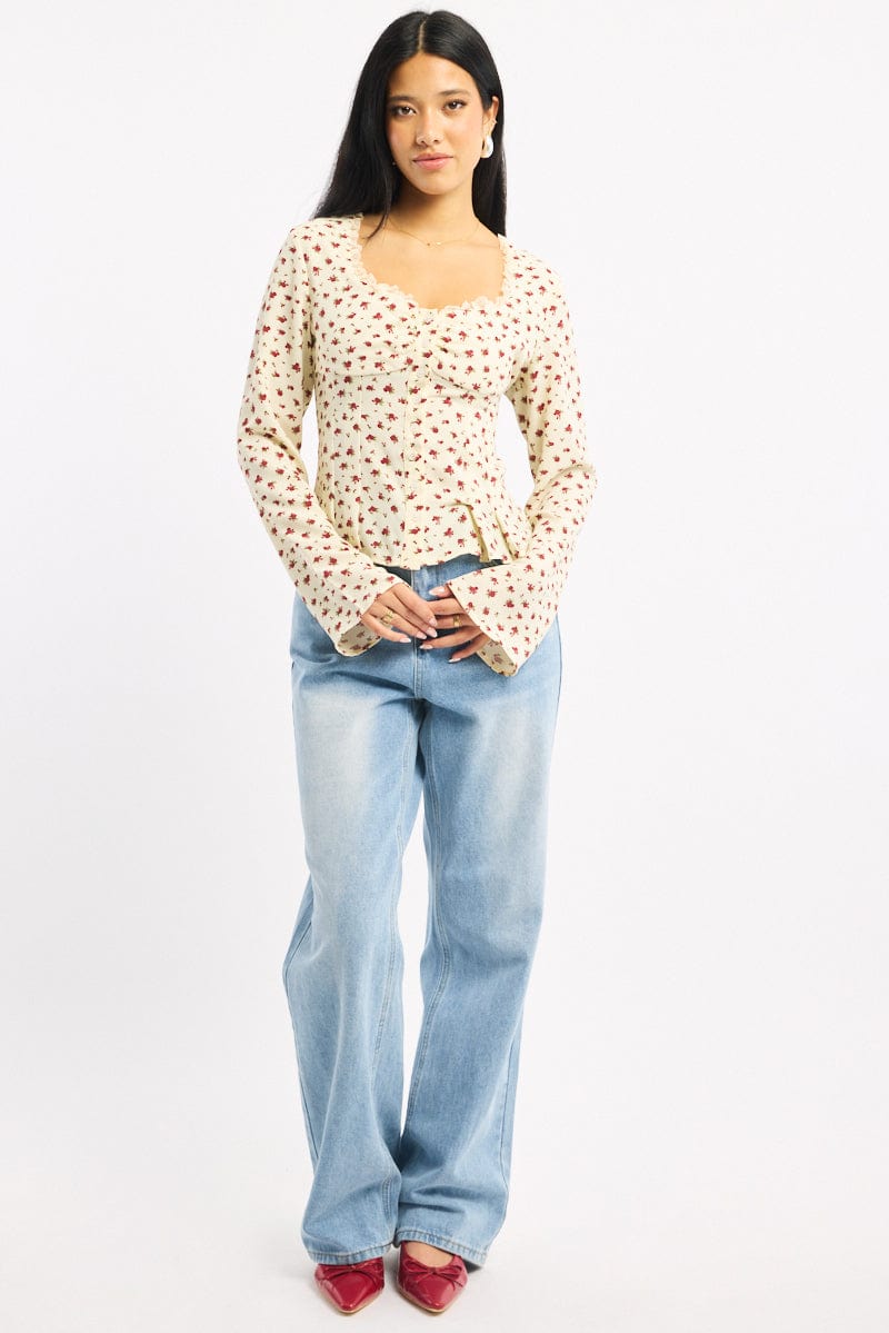 Beige Ditsy Button Up Top Long Sleeve Sweetheart Neckline