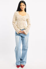 Beige Ditsy Button Up Top Long Sleeve Sweetheart Neckline