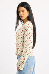 Beige Ditsy Button Up Top Long Sleeve Sweetheart Neckline