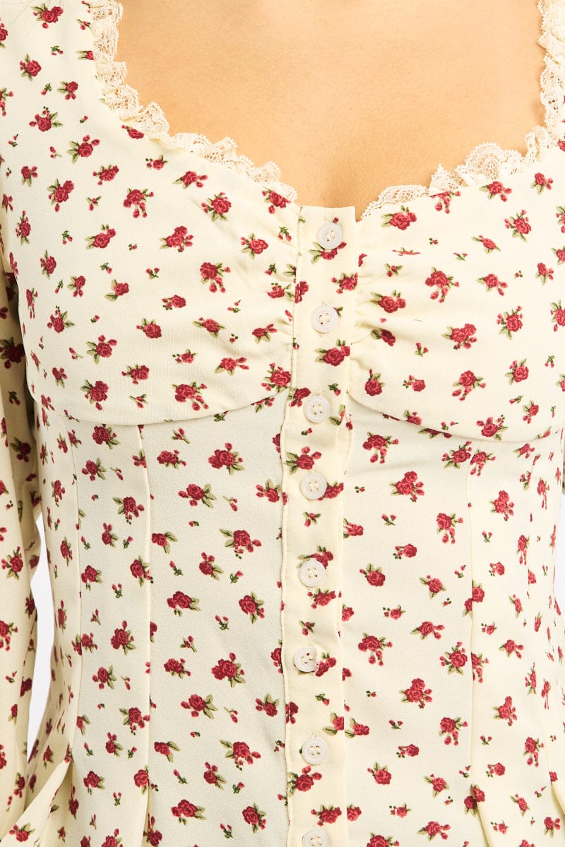 Beige Ditsy Button Up Top Long Sleeve Sweetheart Neckline