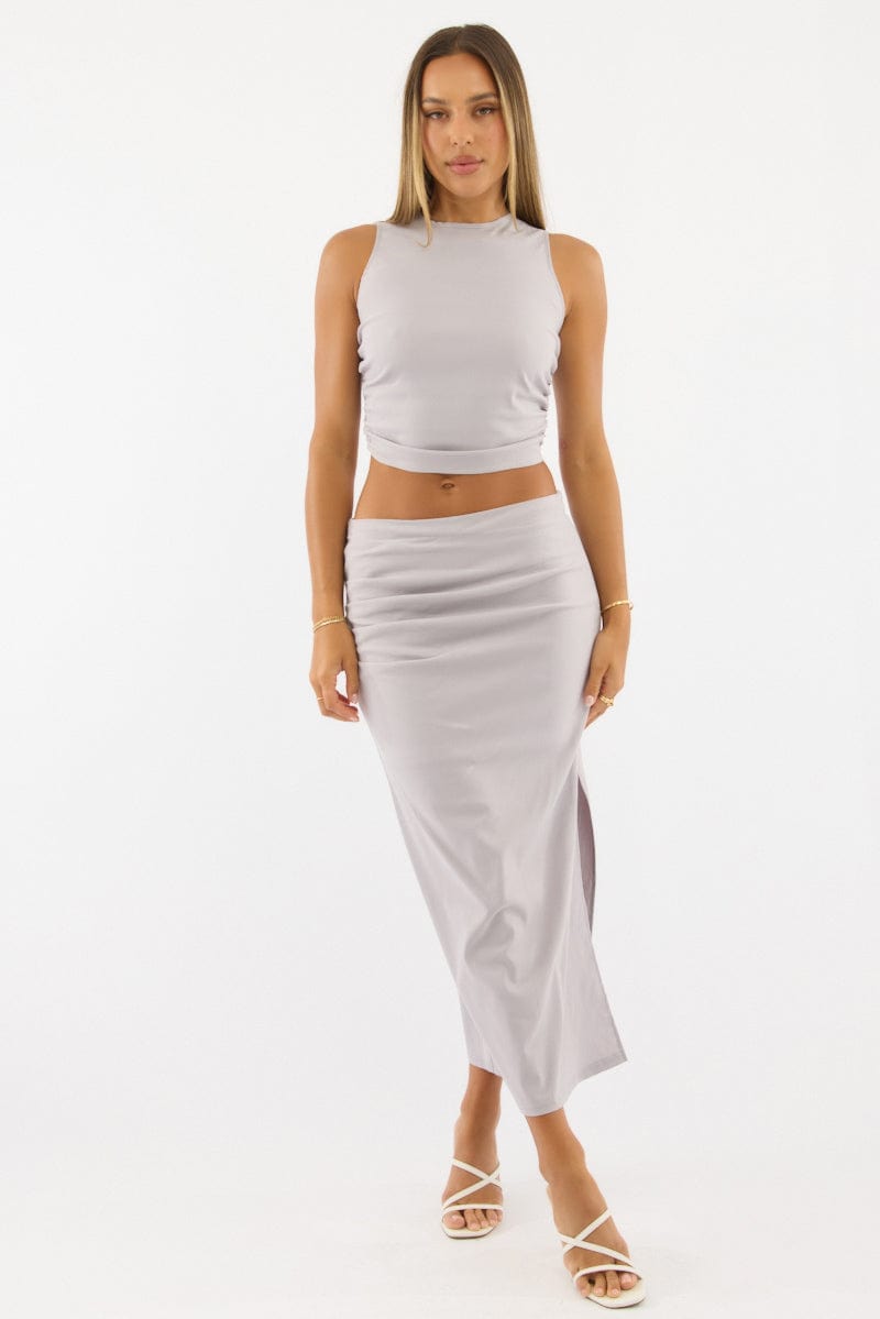 Grey Gathered Sleeveless Top Round Neck Bengaline