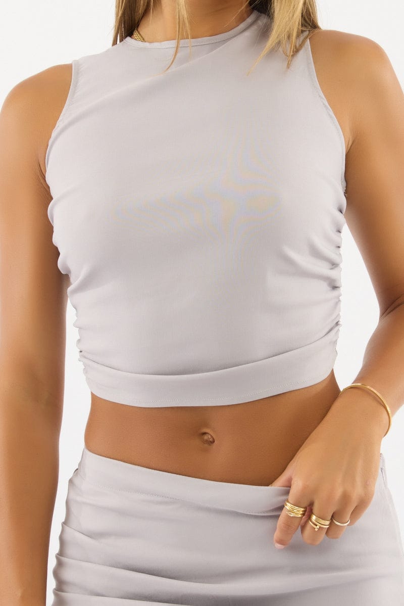 Grey Gathered Sleeveless Top Round Neck Bengaline