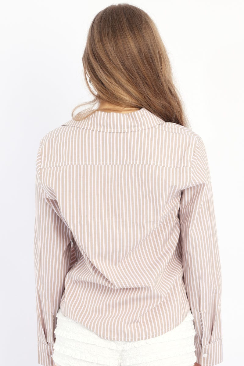 Beige Stripe Smart Fit Shirt Long Sleeve Collared Button Up