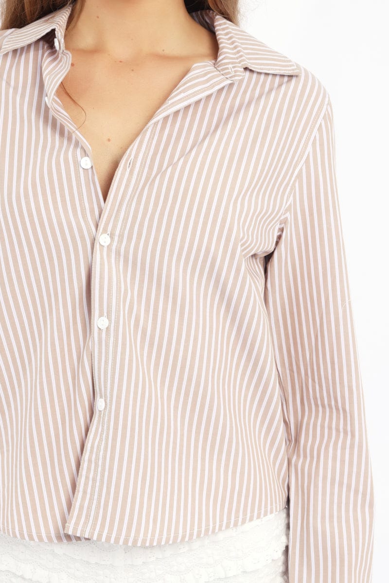 Beige Stripe Smart Fit Shirt Long Sleeve Collared Button Up