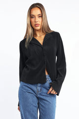 Black Plisse Shirt Long Sleeve Lapel Collar Button Up