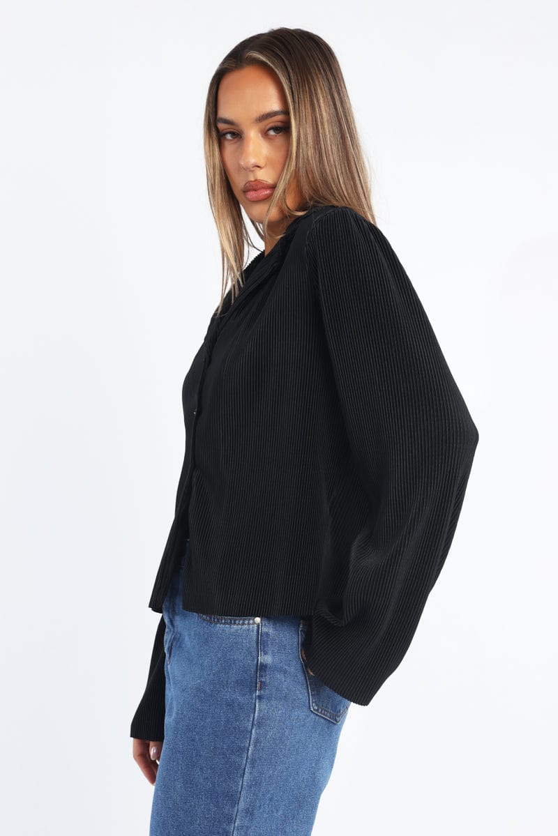 Black Plisse Shirt Long Sleeve Lapel Collar Button Up