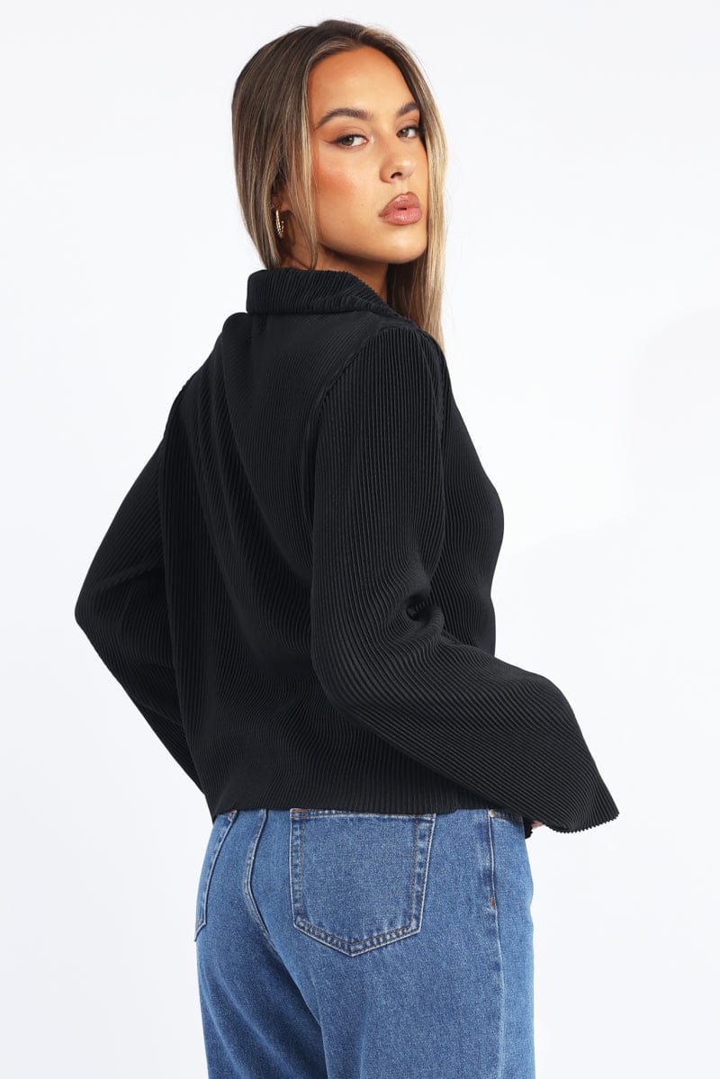 Black Plisse Shirt Long Sleeve Lapel Collar Button Up