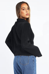 Black Plisse Shirt Long Sleeve Lapel Collar Button Up