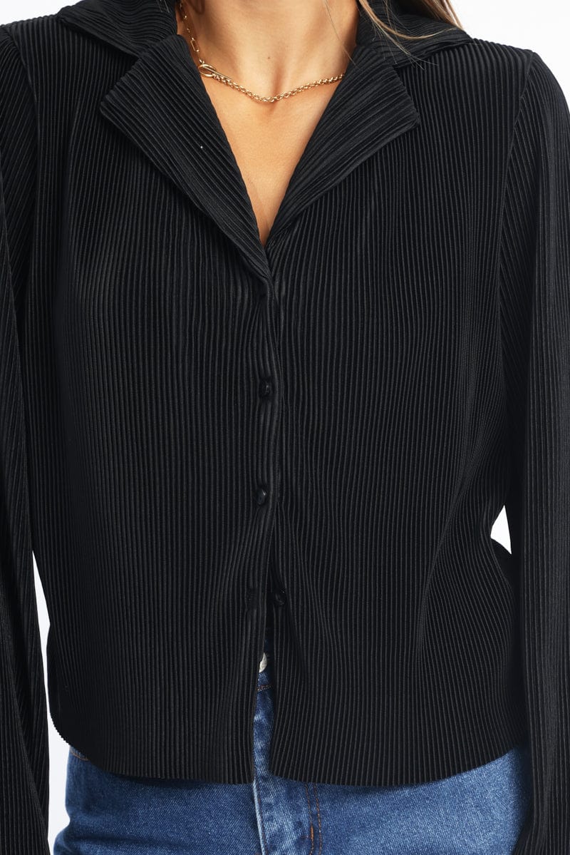 Black Plisse Shirt Long Sleeve Lapel Collar Button Up
