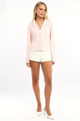 Pink Plisse Shirt Long Sleeve Lapel Collar Button Up
