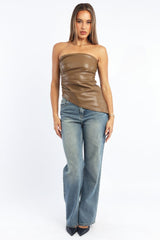 Beige PU Bandeau Top Gathered Slight Stretch